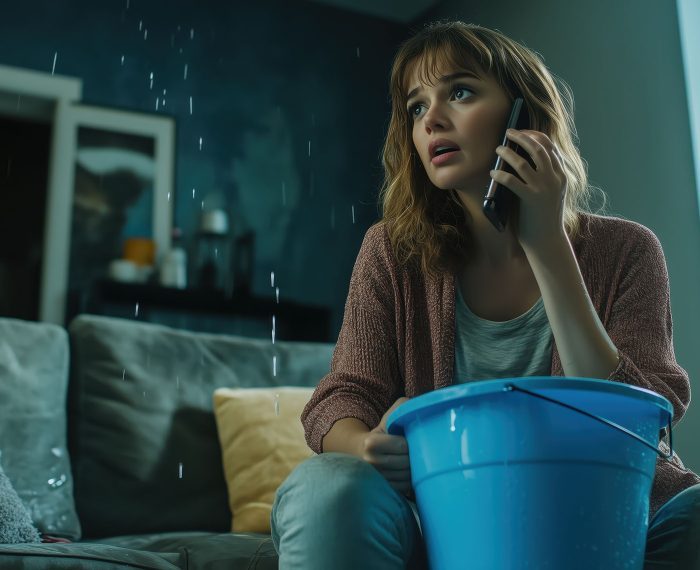 Woman Catching Water from Roof Leak with Bucket While Calling fo